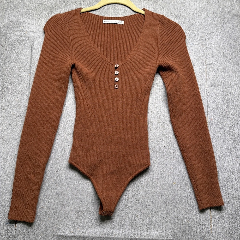 Madewell Henley Brown Ribbed Long Sleeve Button Front Fitted Top XS